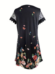 Women's Floral Print Lace Sleeve V Neck Dress