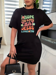 Women's Slogan & Floral Print Short Sleeve Round Neck Dress