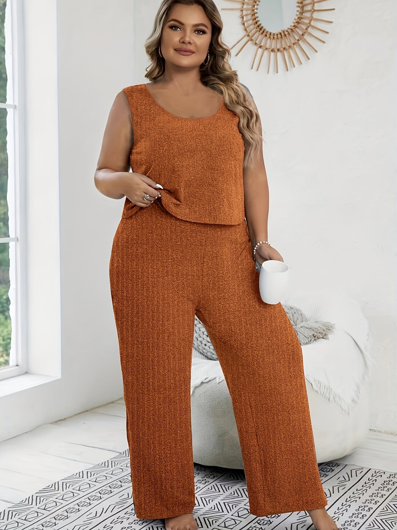 Lounge Set Women's Solid Stretch Crop Tank & Tie Pants Pajama Set