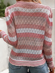 Striped Print Cover Up Shirt V Neck Long Sleeves Knitted Beachwear Cardigan