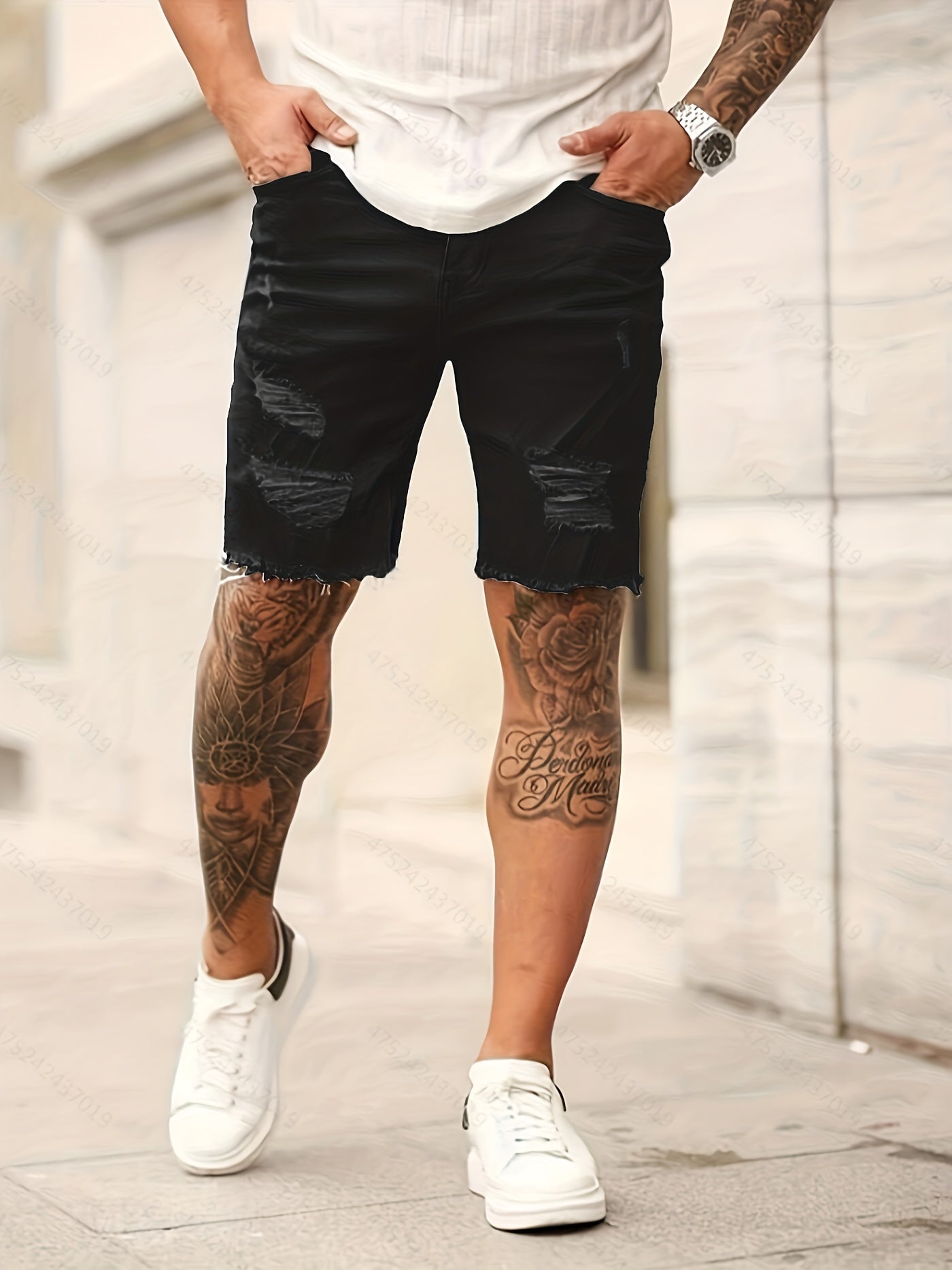 Men's Ripped Denim Shorts Casual Street Style Distressed Medium Stretch