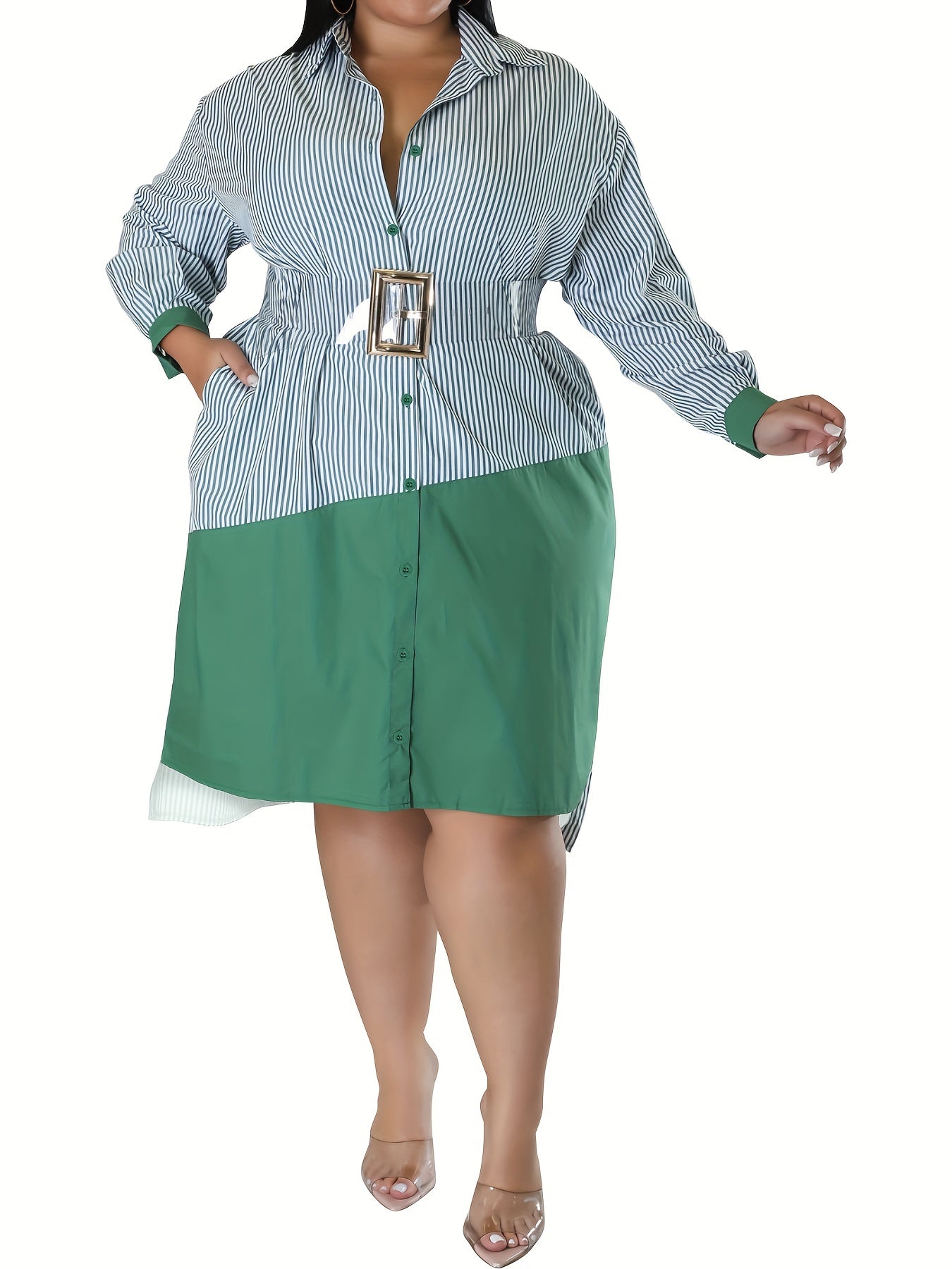 Colorblock Stripe Print Button Up Long Sleeve Midi Shirt Dress