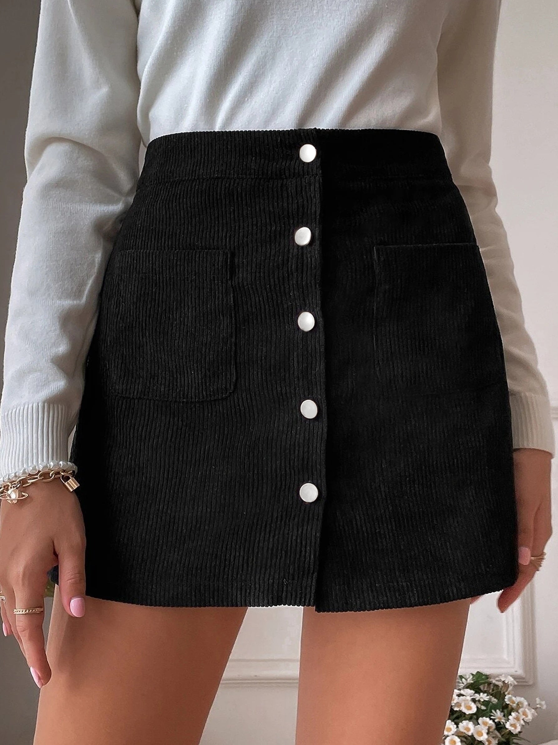 Button Front Solid Skirts Casual High Waist Bag Hip Mini Skirts With Pockets