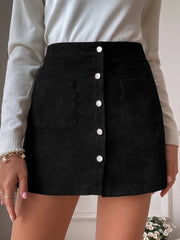 Button Front Solid Skirts Casual High Waist Bag Hip Mini Skirts With Pockets