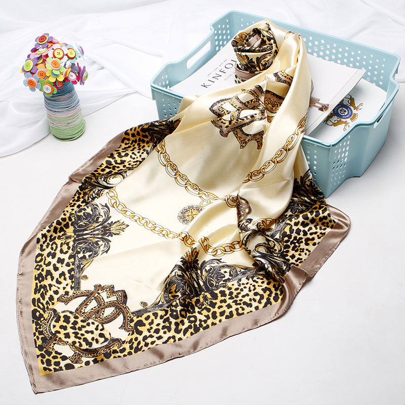 Leopard Print Gold Chain Silk Scarf - Large Shawl Women Headwrap