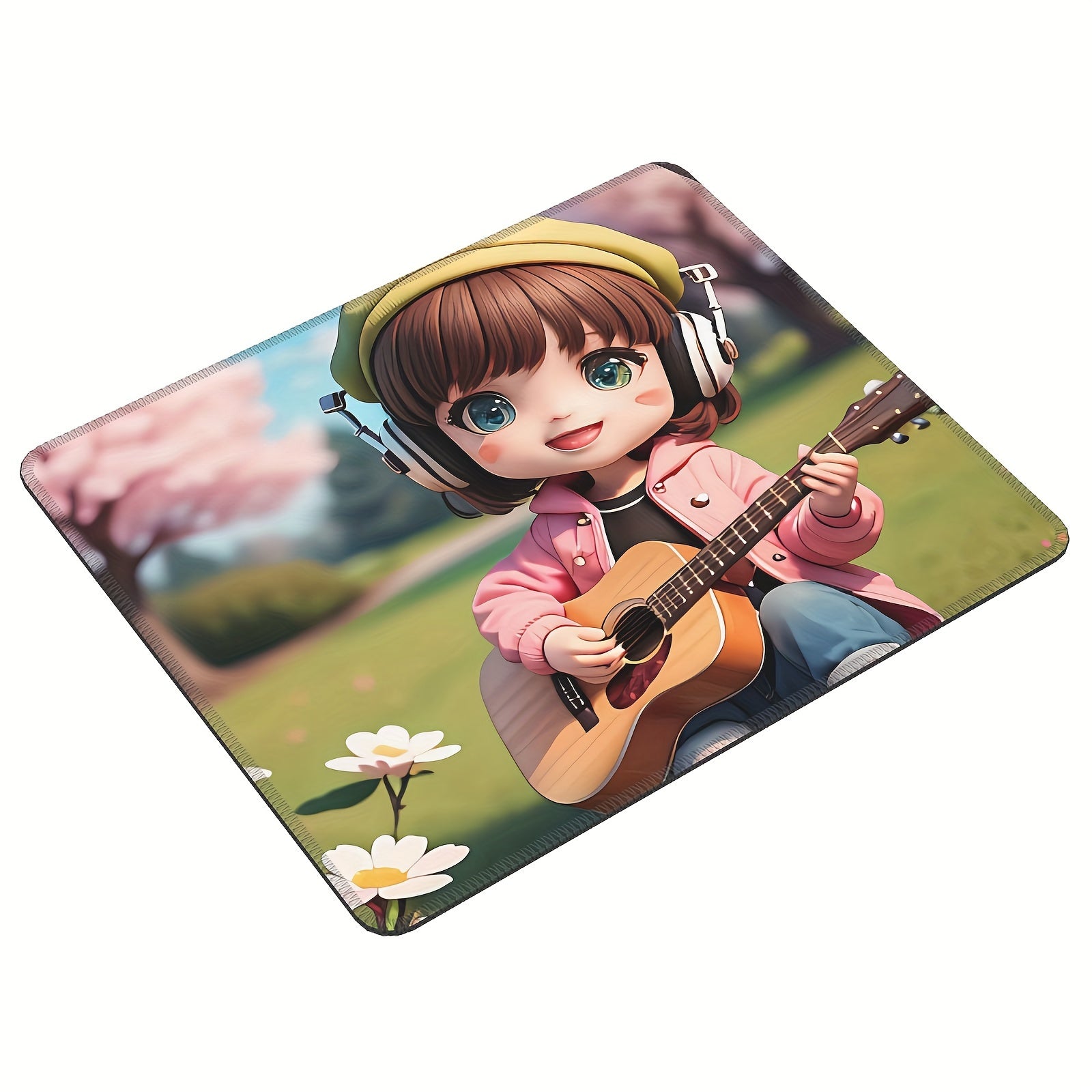 Guitar Girl Pattern Mouse Pad 24x20cm Non-slip Rubber Stitched Edge