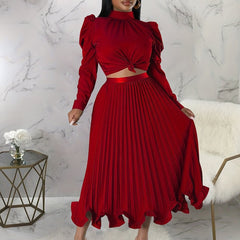 Puff Sleeve Top & Pleated Skirt Set Women's Outfit