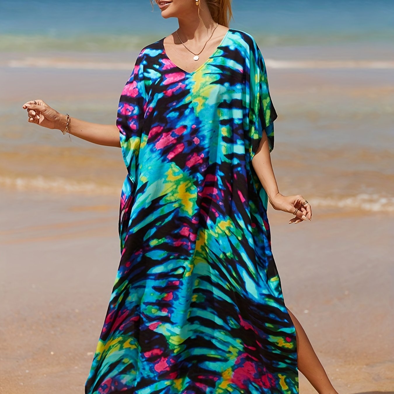 Casual Cover Up Dress Women's Plus Random Print Bat Sleeve V Neck