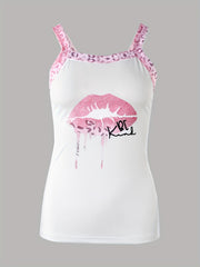 Leopard Lips Print Cami Top Sexy Tie Back Sleeveless Summer Top