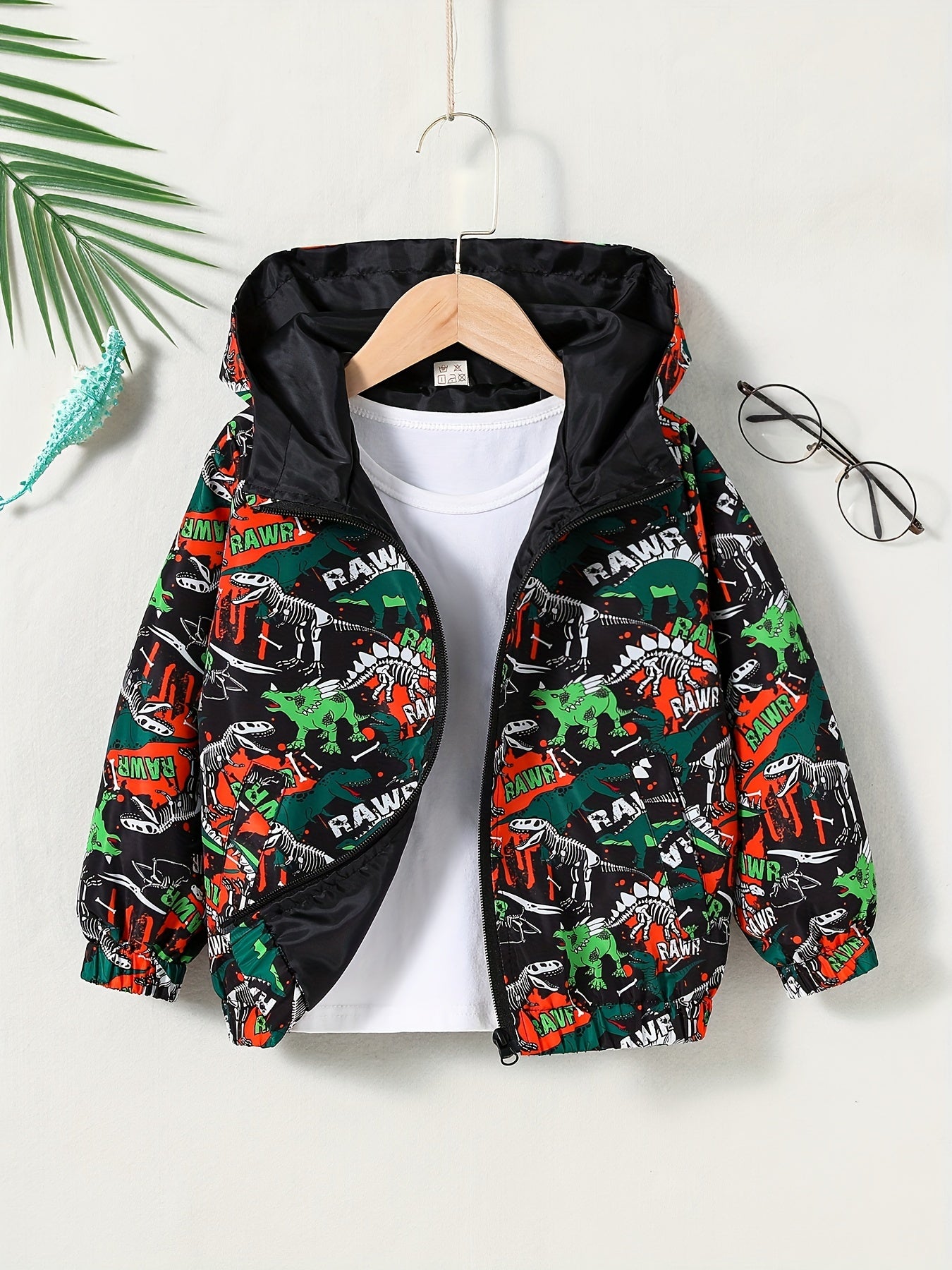 Dino Camo Windbreaker Jacket Hooded Zip Coat for Kids 4Y 7Y