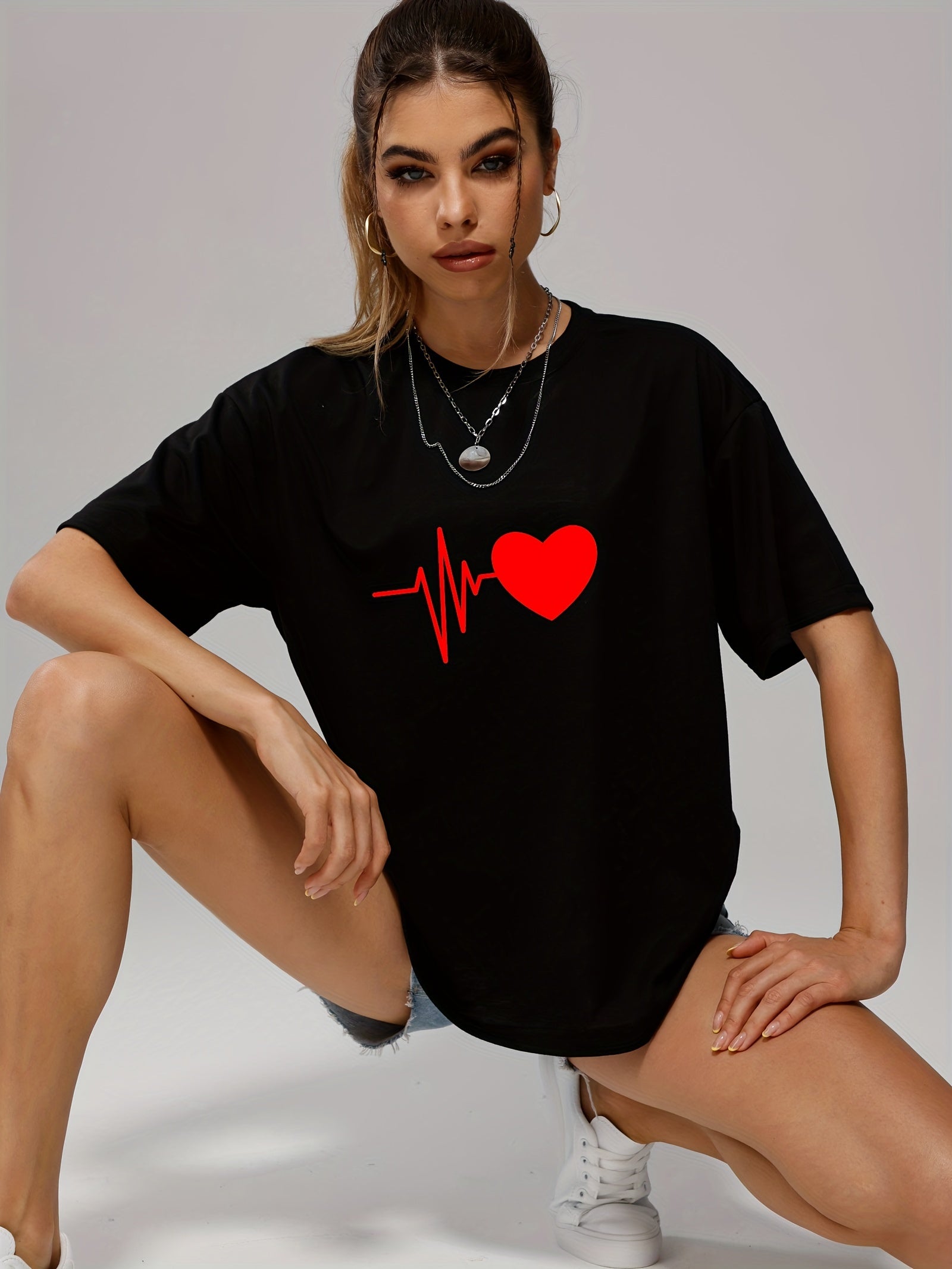 Solid Heart Casual T Shirt Crew Neck Short Sleeve Sports Top Women's Clothing