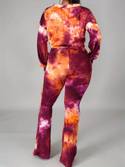 Women's Plus Tie Dye 2-Piece Set - Long Sleeve Top & Flared Leg Pants