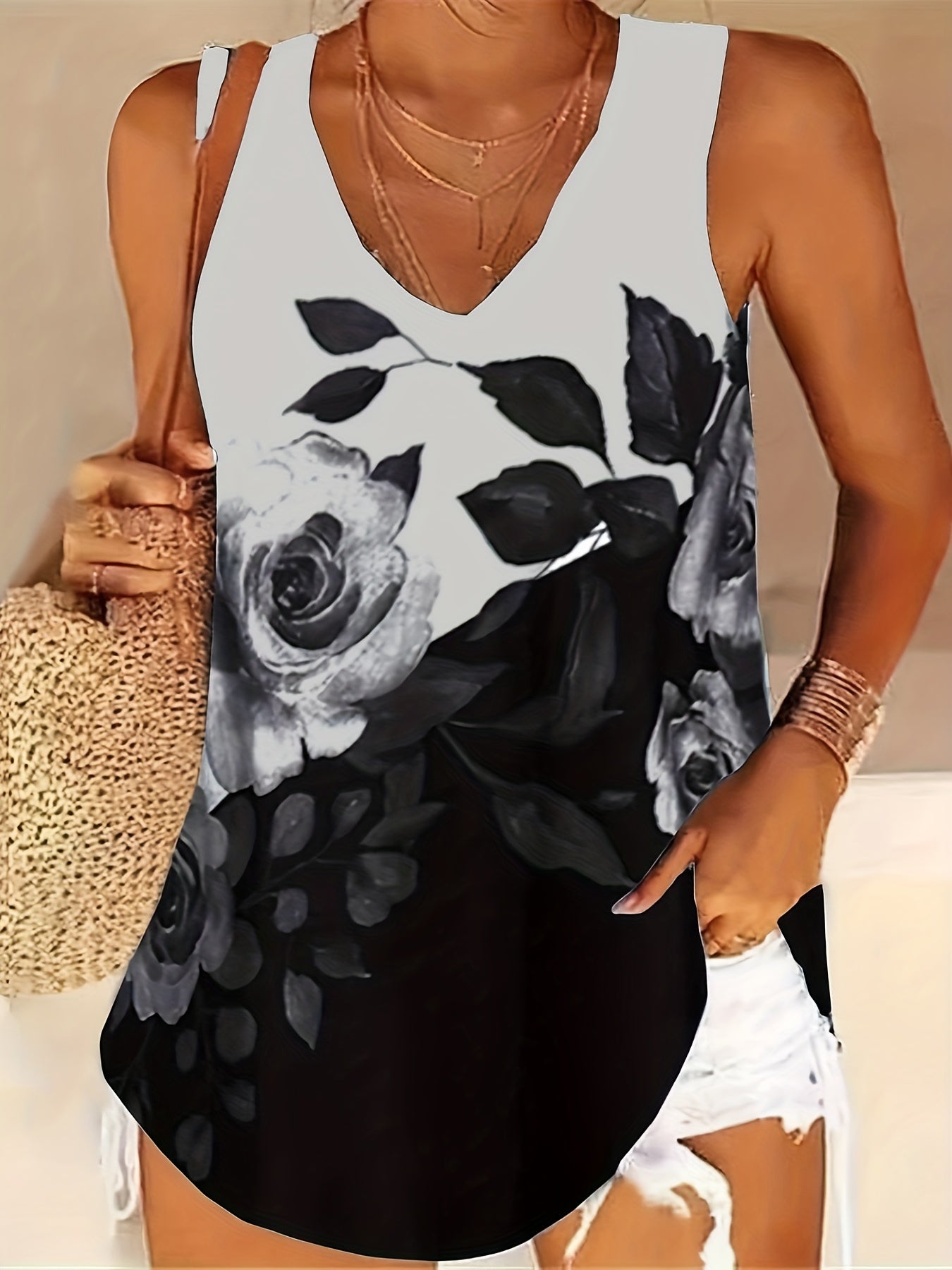 Floral Print V Neck Tank Top Sleeveless Casual Summer Women's Top