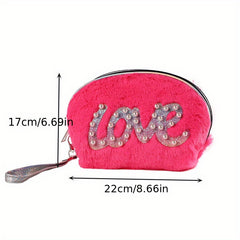 Cartoon Plush Bead Letter Patch Coin Purse Girls Cosmetic Storage Bag