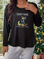 Cat & Letter Print Long Sleeve Pajama Top