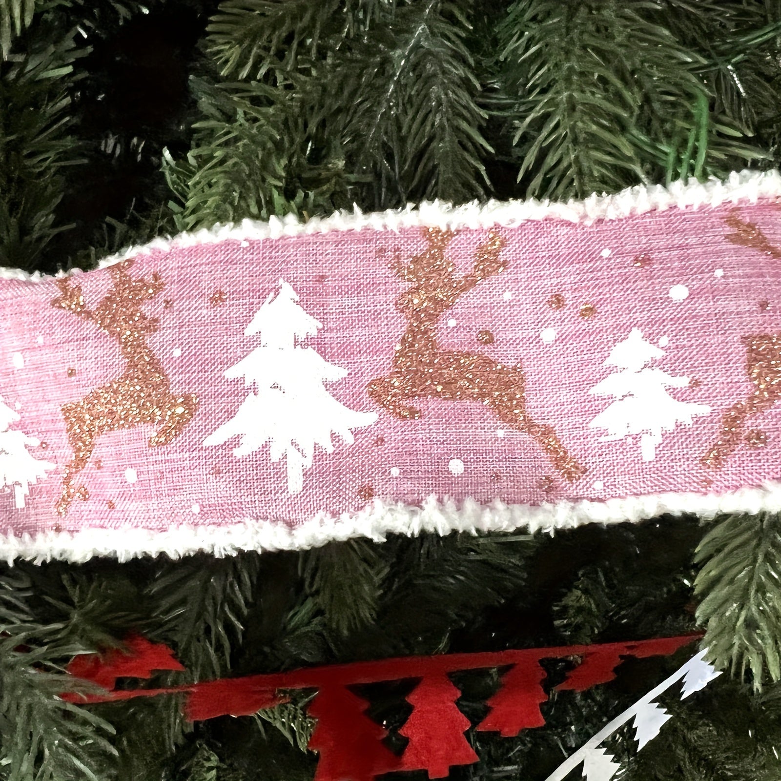 4.57m Pink Christmas Tree Burlap Ribbon with Wired Edge, Elk and Snowflake