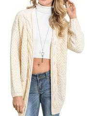 Solid Cable Long Sleeve Open Front Cardigan With Pockets