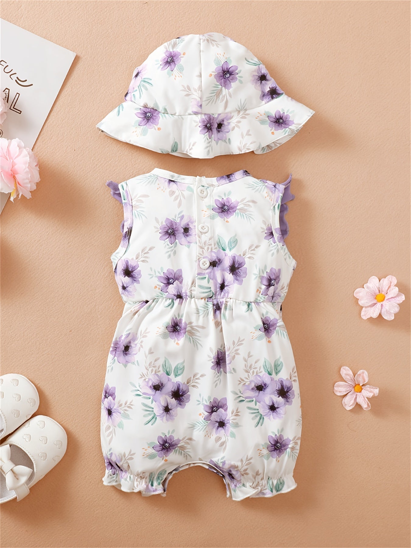 2pcs Baby Girls Floral Print Romper & Hat Set