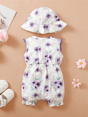 2pcs Baby Girls Floral Print Romper & Hat Set