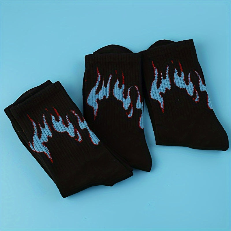 3 Pairs Flame Print Socks Women's Mid Tube Stockings