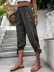 Floral Print Split Capris Pants Casual Knot Elastic Pants For Spring & Summer