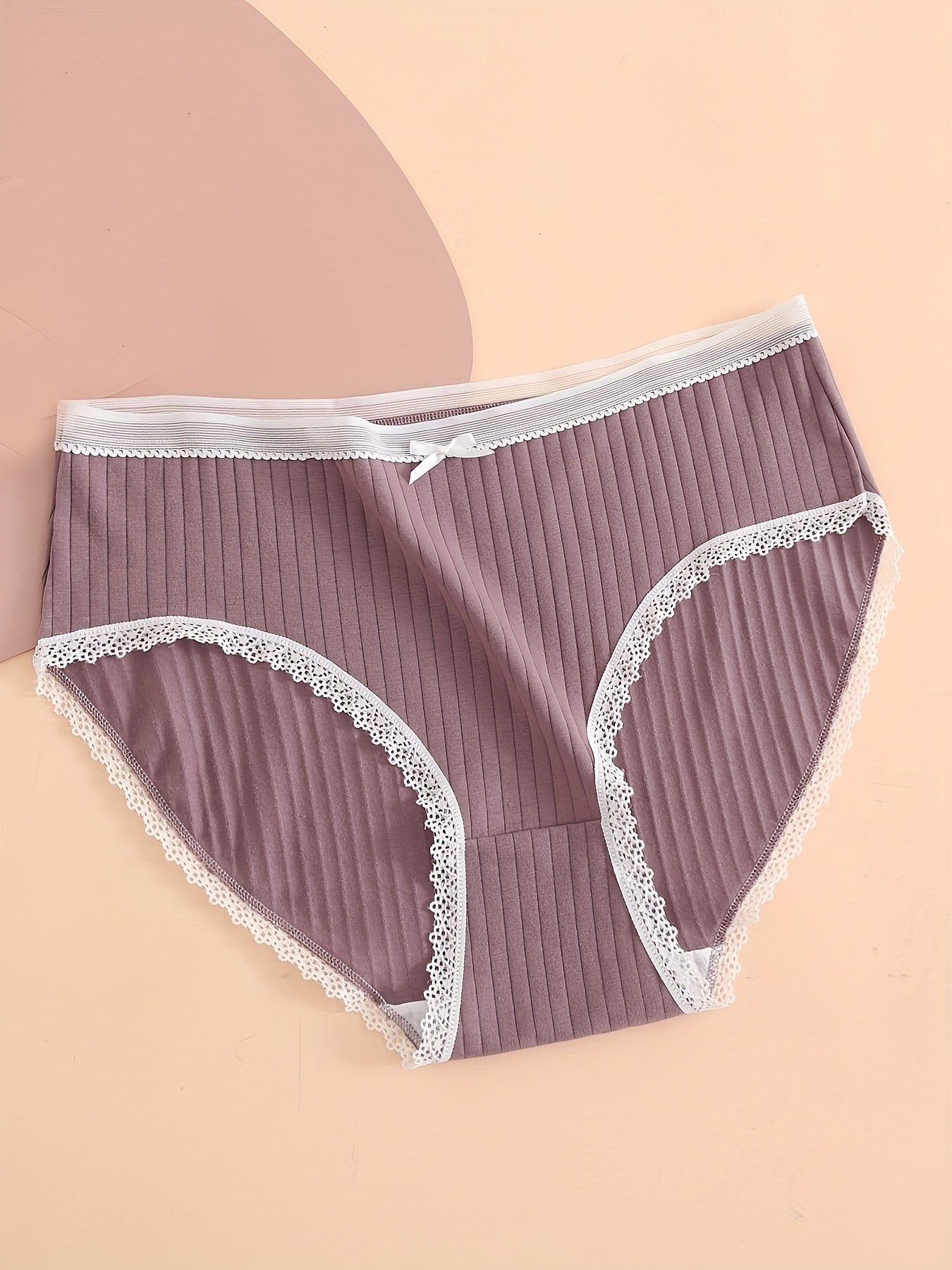 5 Pack Plus Size Panties Set Ribbed Lace Trim Bow Stretch Underwear