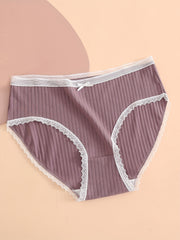 5 Pack Plus Size Panties Set Ribbed Lace Trim Bow Stretch Underwear