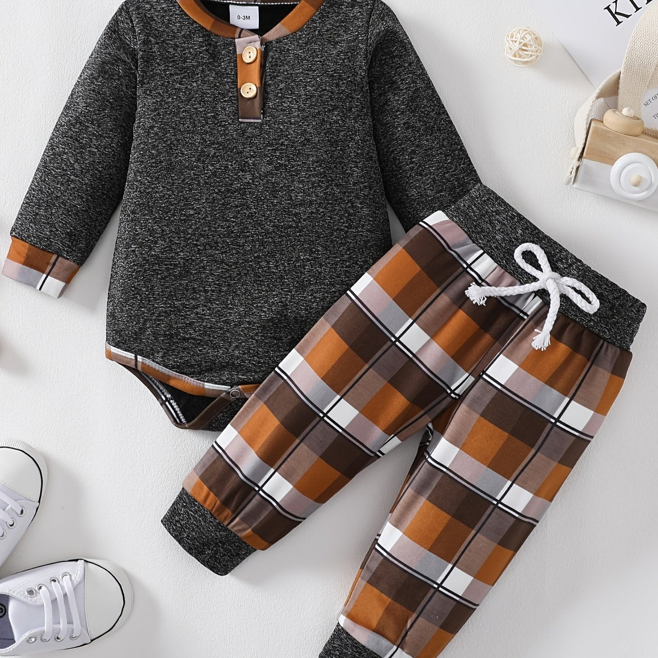 Newborn Infant Romper Long Sleeve Round Neck Bodysuit & Plaid Pants