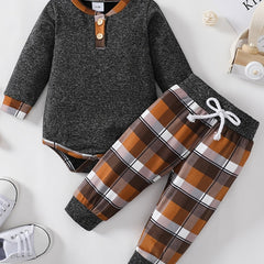 Newborn Infant Romper Long Sleeve Round Neck Bodysuit & Plaid Pants