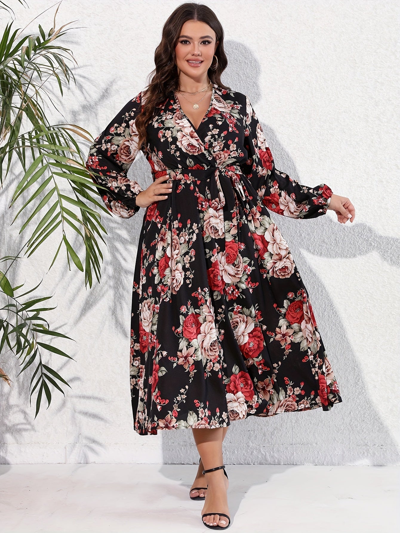Casual Dress Women's Plus Floral Print Lantern Sleeve Dress