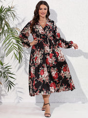 Casual Dress Women's Plus Floral Print Lantern Sleeve Dress