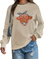 Cow Head Print Pullover Sweatshirt Crew Neck Casual Long Sleeve