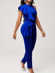 Ruffle Trim Sleeveless Jumpsuit Casual Solid Bodycon Jumpsuit