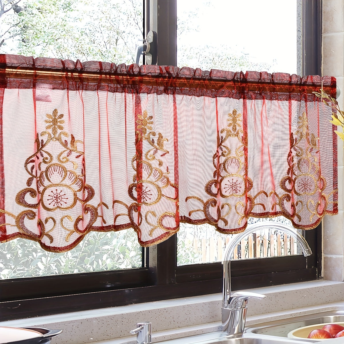Embroidered Cafe Curtain Argyle Pattern Sweet Mantle for Bedroom Window