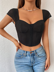 Mesh Stitching Corset Top Solid Button Front Crop Top