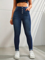Dark Skinny Jeans Slim Fit Button Casual Denim Pants