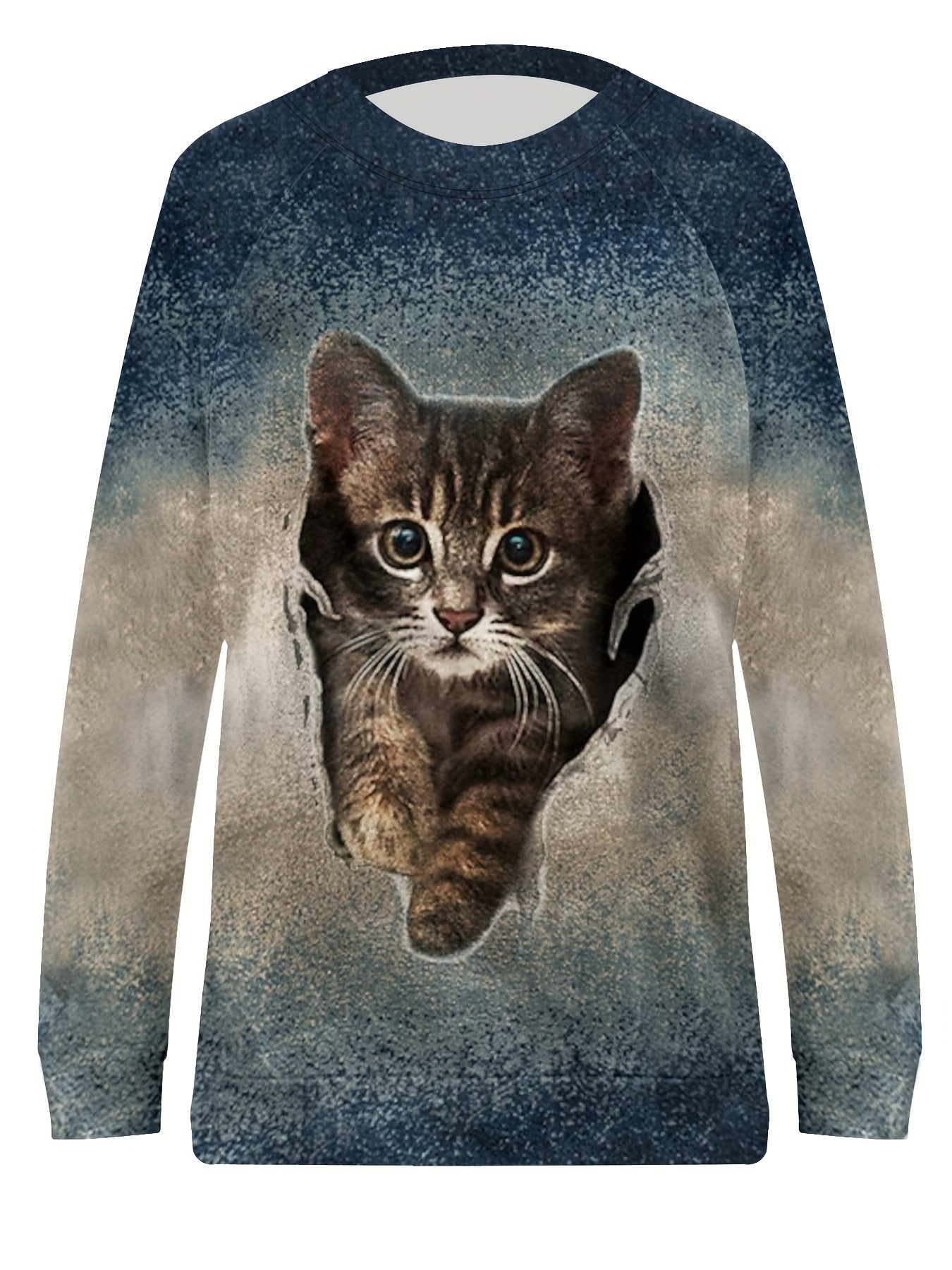 Cat Print Crew Neck Pullover Sweatshirt for Women
