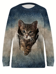 Cat Print Crew Neck Pullover Sweatshirt for Women