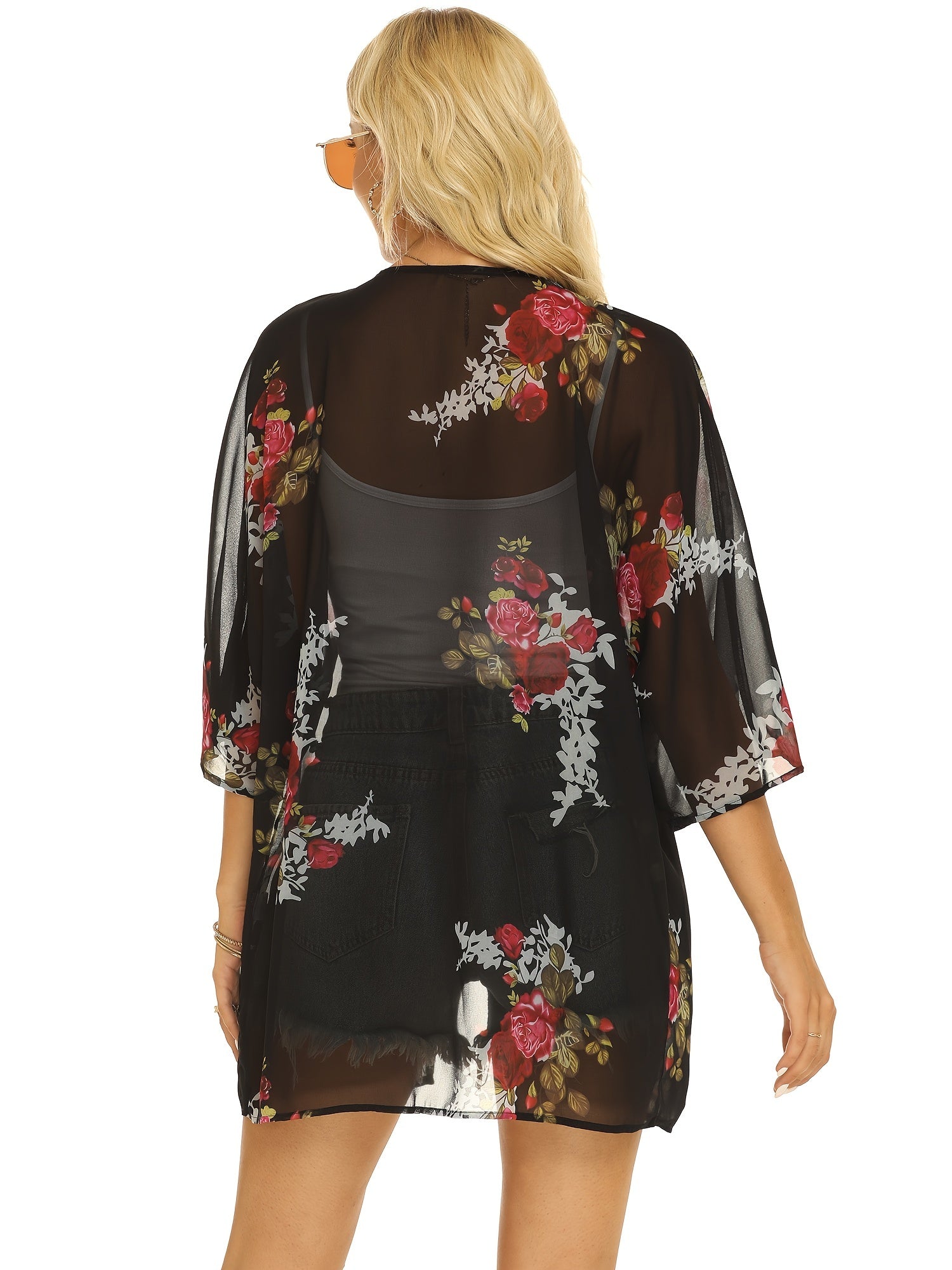 Floral Print Cover Up Tops Long Sleeve Rash Guard Semi Sheer Loose Fit