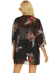 Floral Print Cover Up Tops Long Sleeve Rash Guard Semi Sheer Loose Fit
