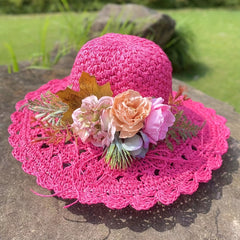 Foldable Flower Garland Sun Hat Crochet Straw Hat UV Protection Beach Hat