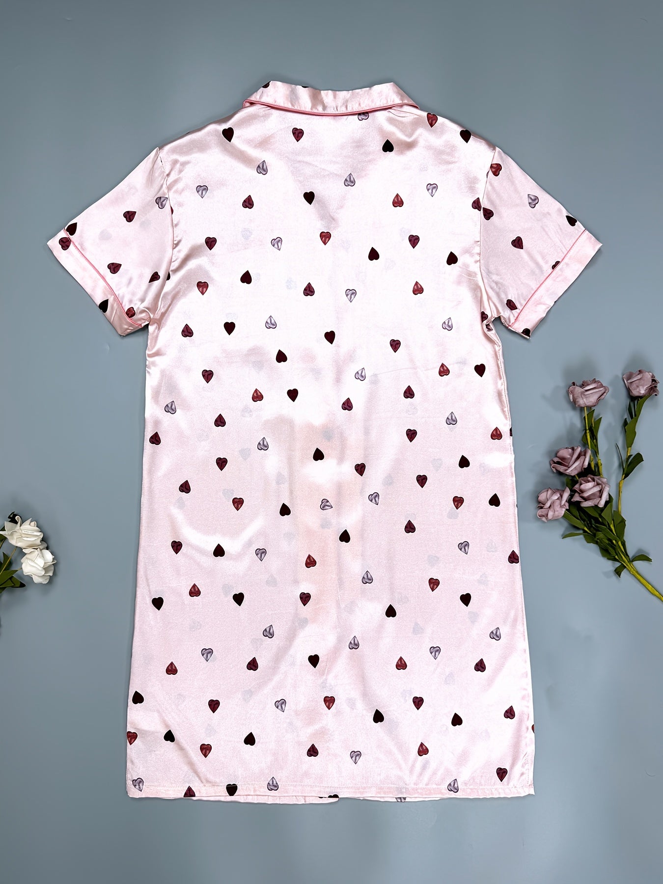 Heart Print Nightdress Short Sleeve Lapel Buttons Sleep Dress Women's Sleepwear
