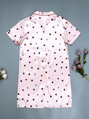 Heart Print Nightdress Short Sleeve Lapel Buttons Sleep Dress Women's Sleepwear