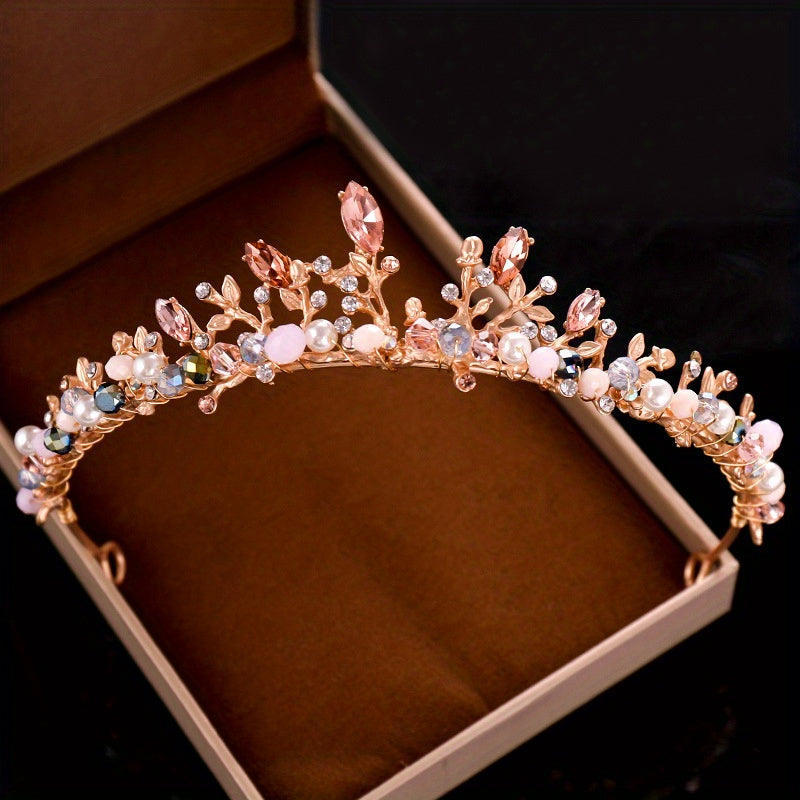 Pink Crystal Crown Princess Headband Pearl Decorative Headwear