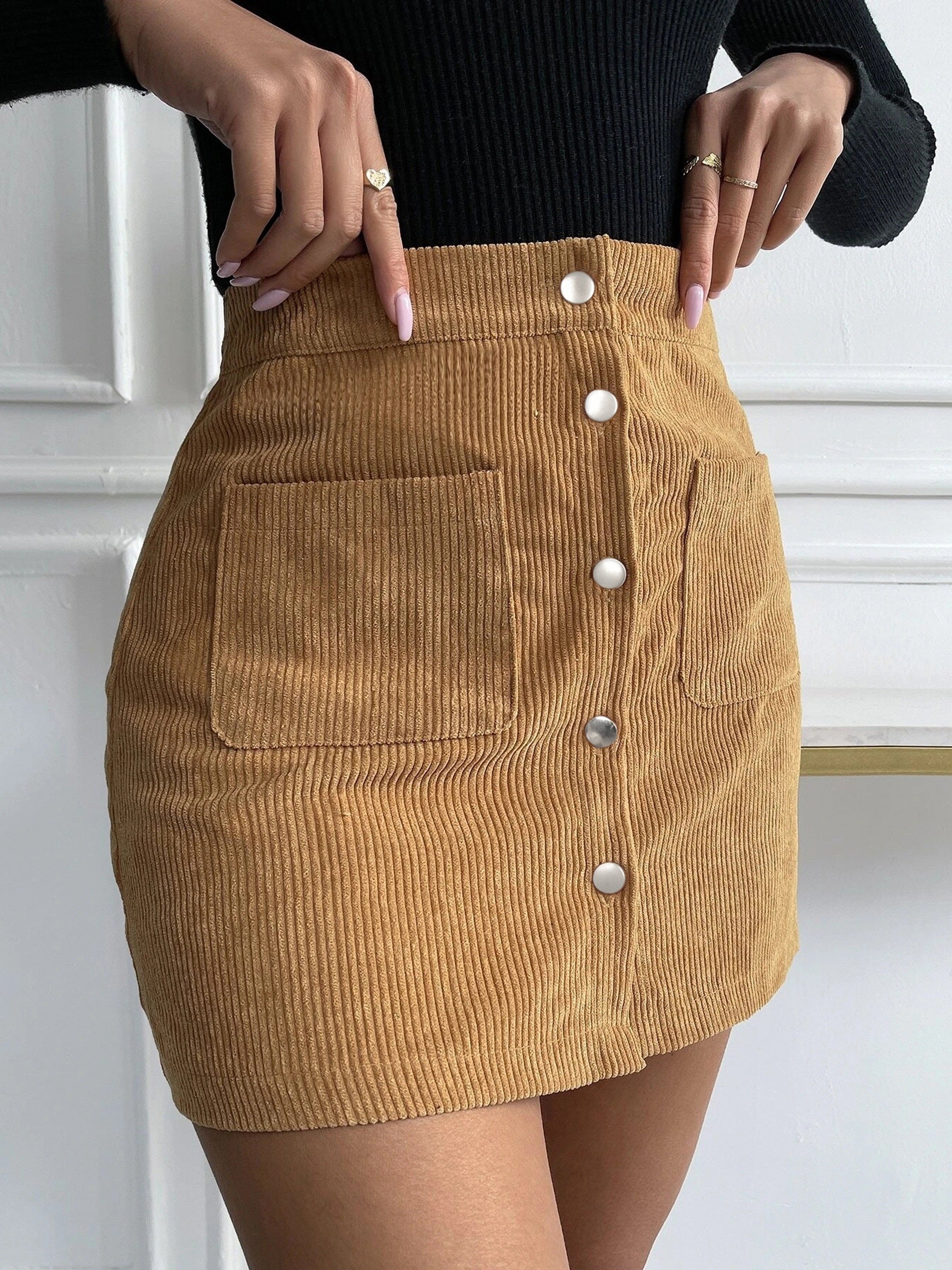 Button Front Solid Skirts Casual High Waist Bag Hip Mini Skirts With Pockets