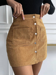 Button Front Solid Skirts Casual High Waist Bag Hip Mini Skirts With Pockets