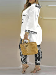 Women's Plus Geometric Print Bell Sleeve V Neck Top & Pants Set