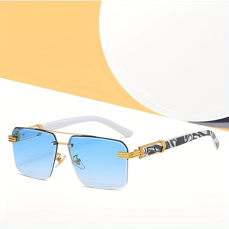 Men's Half Frame Square Sunglasses Wood Grain UV Protection