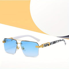 Men's Half Frame Square Sunglasses Wood Grain UV Protection
