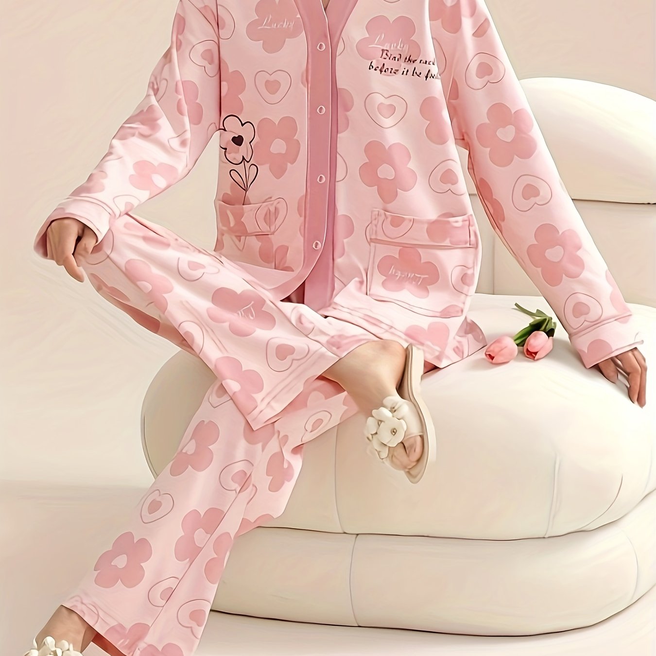 Floral Print Pajama Set Long Sleeve V Neck